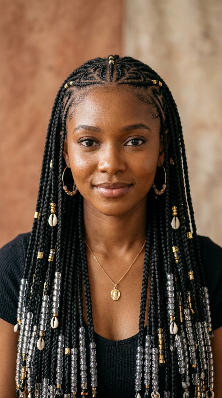 Knee-Length Fulani Braids with Crystal Beads