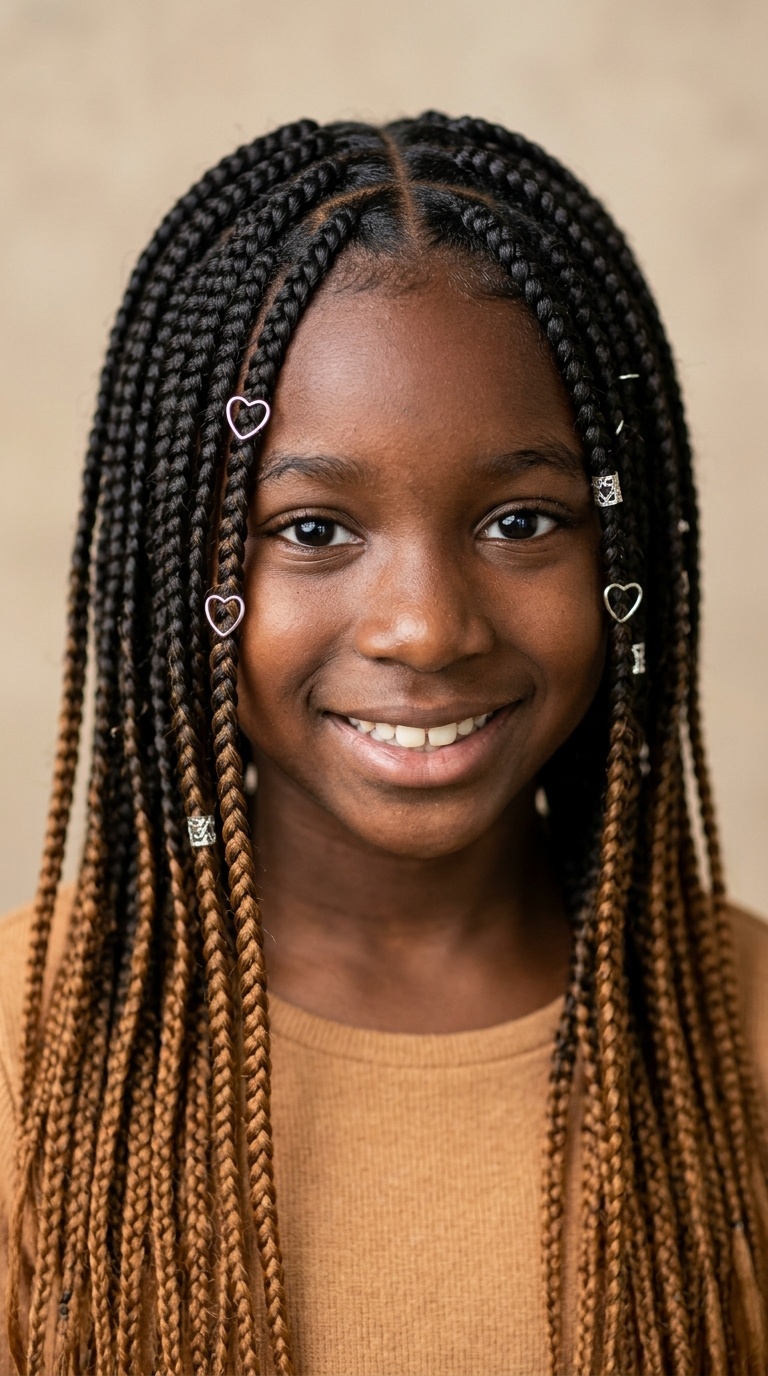 Knotless Braids with Ombre Extensions and Heart Rings
