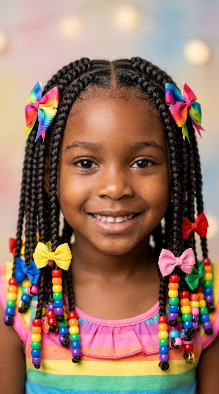 Knotless Braids with Rainbow Beads and Layered Bows