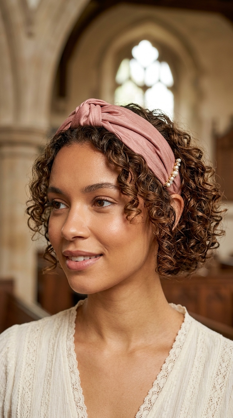 Knotted Silk Headband over Curls