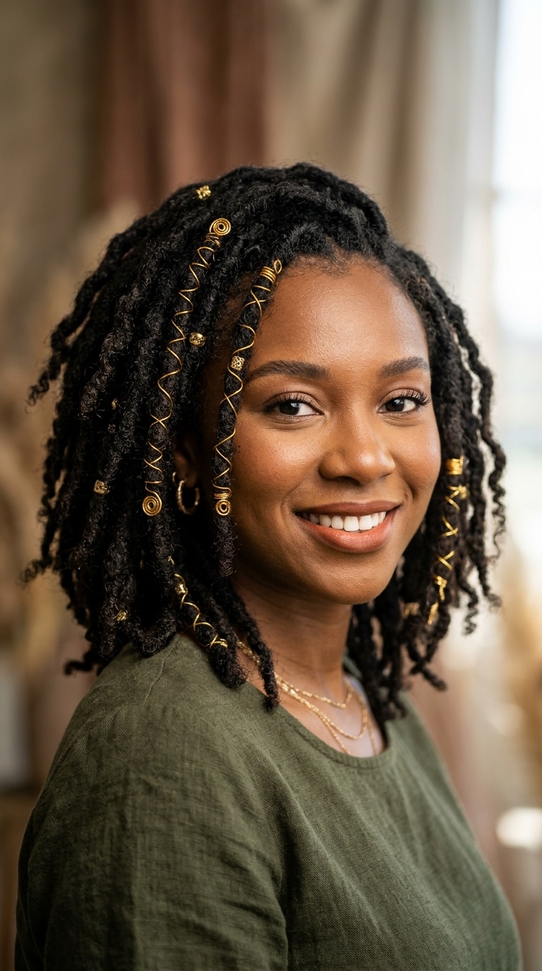 Locs with Gold Wire Wrapping