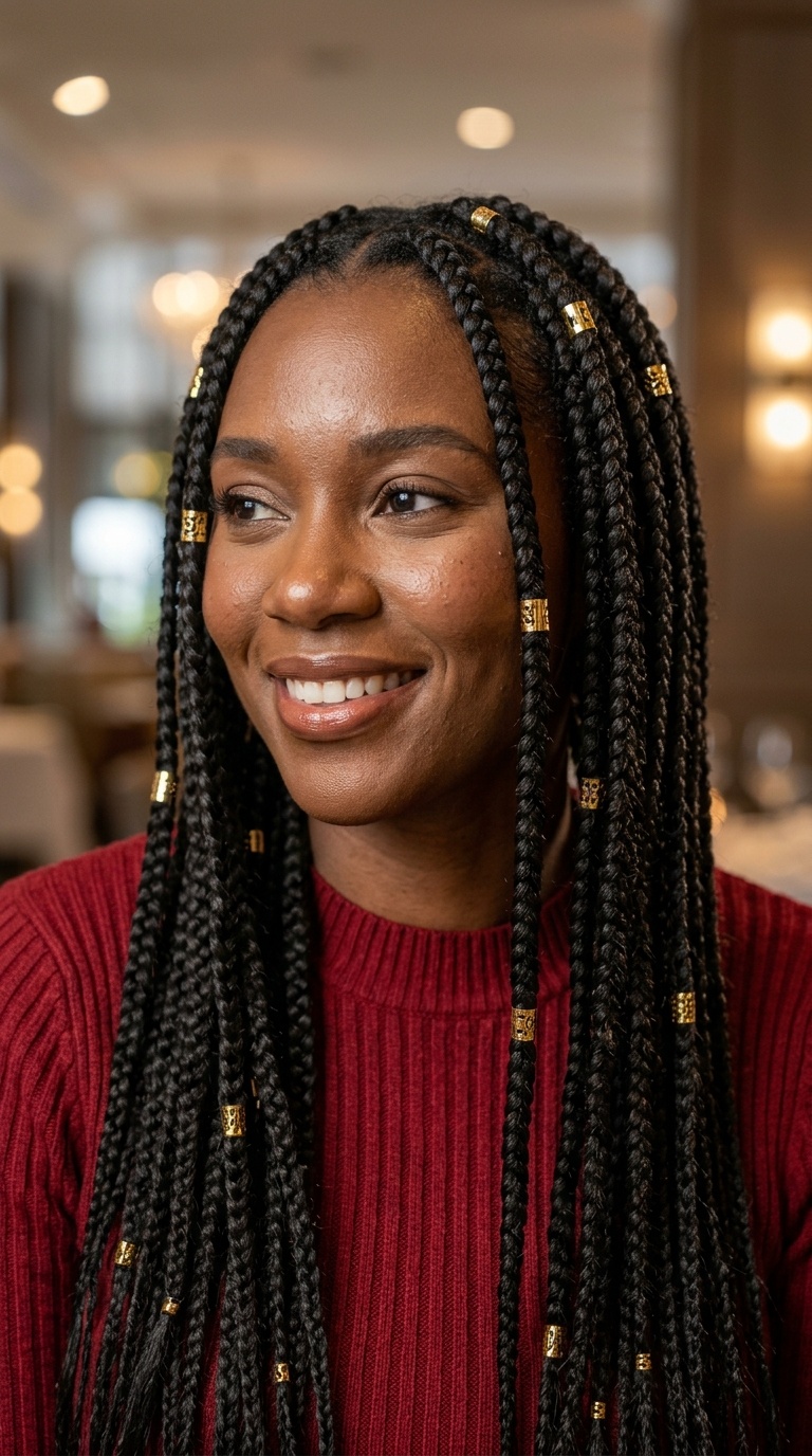Long Box Braids with Gold Cuffs