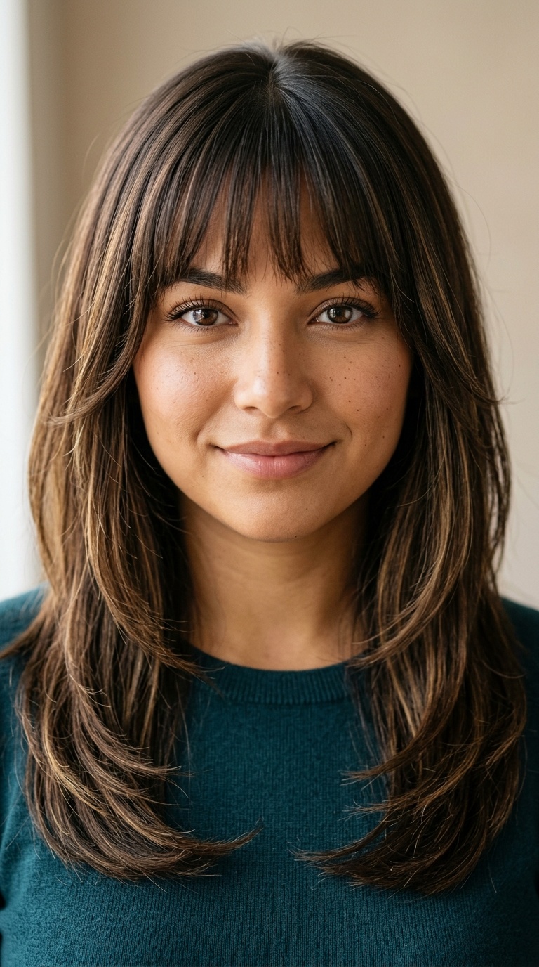 Long Layers with Brow-Skimming Bangs