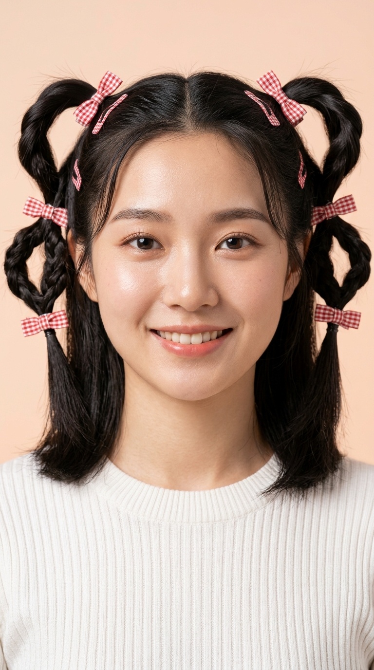 Loop Pigtails with Gingham Fabric Clips