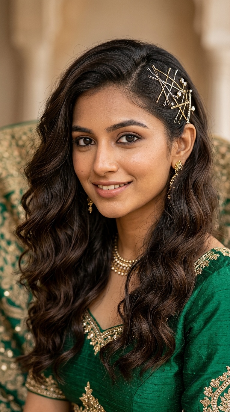 Loose Curls with Criss-Crossed Metallic Pins