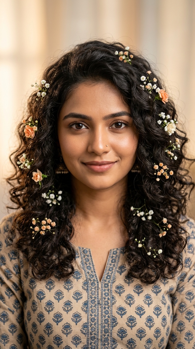 Loose Curls with Floral Accents