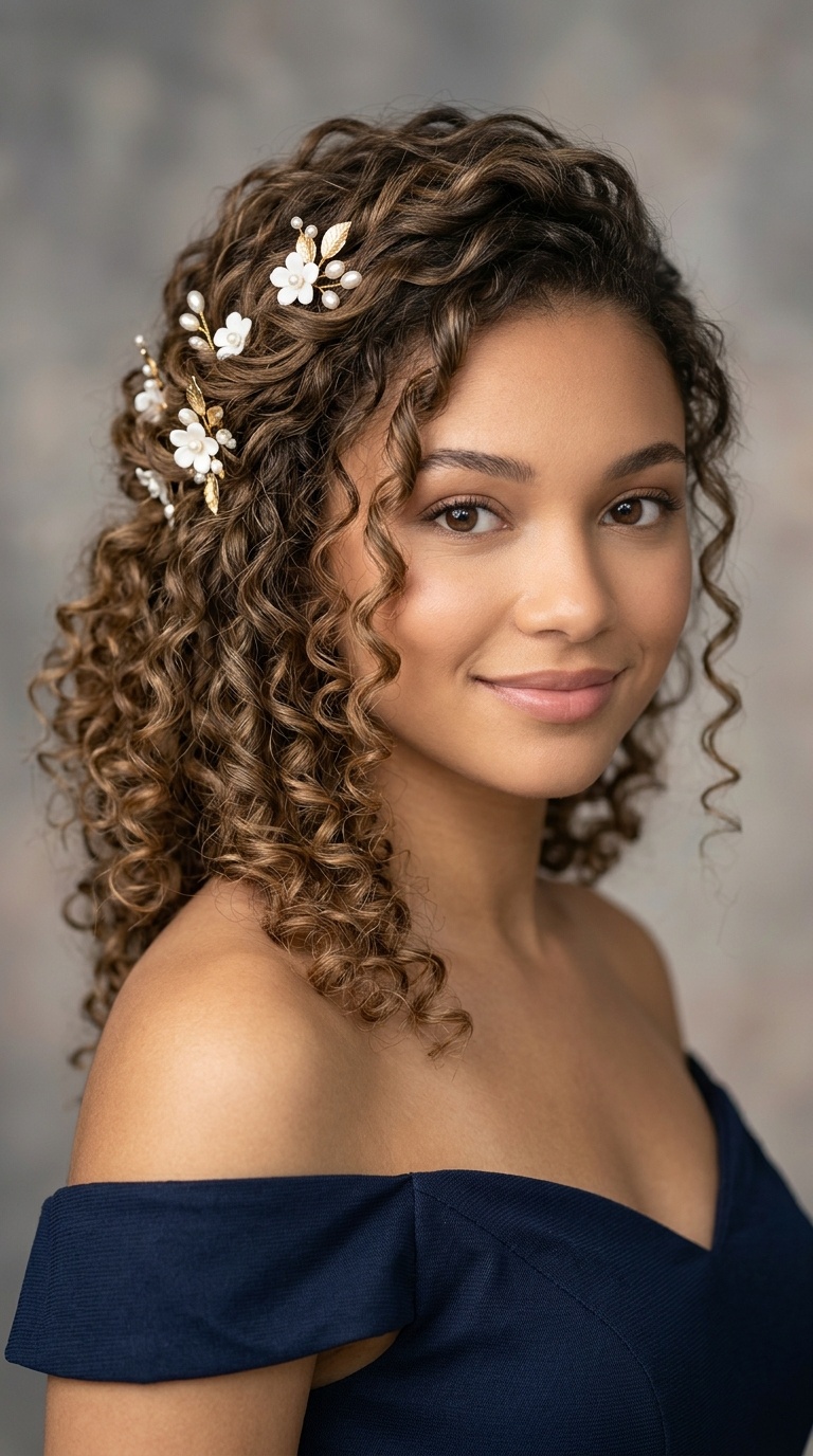 Loose Spiral Curls with Floral Pins