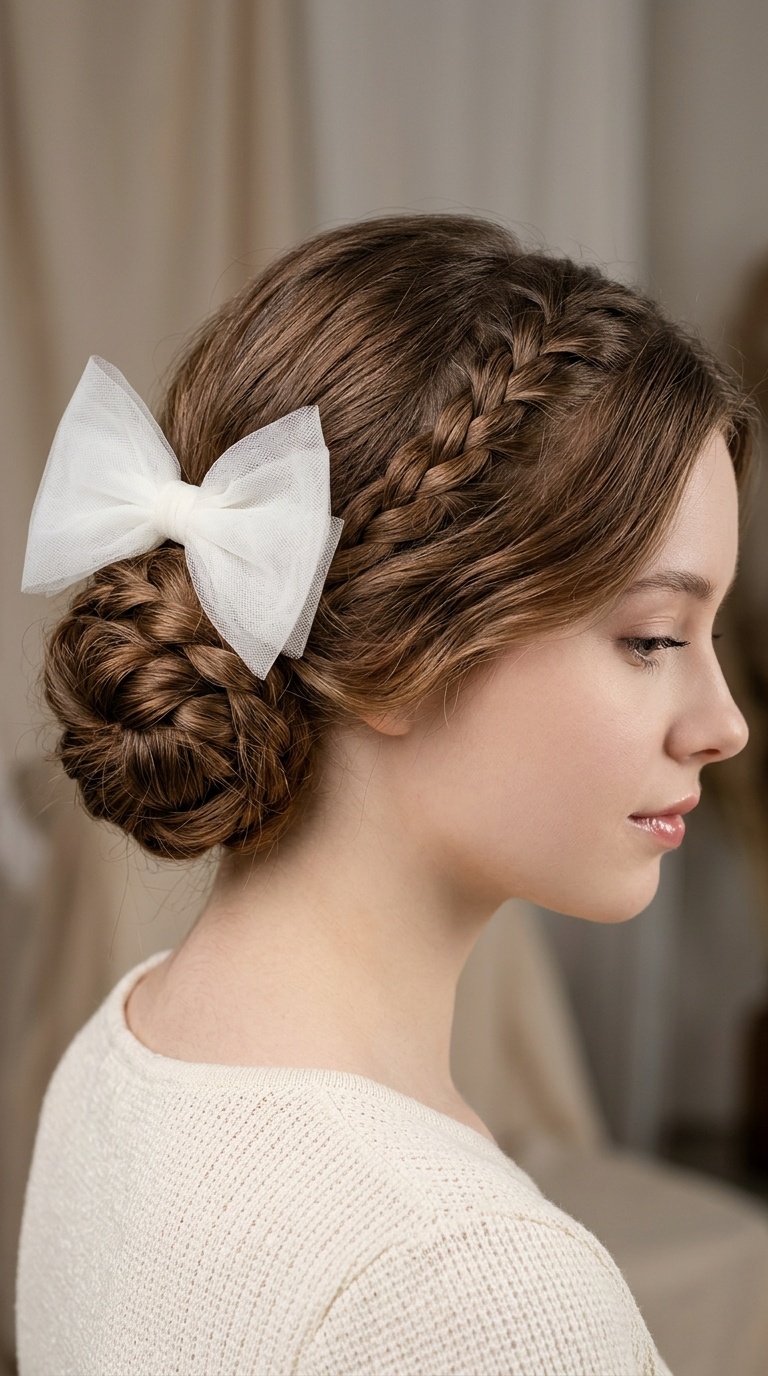 Low Braided Bun with a Tulle Bow