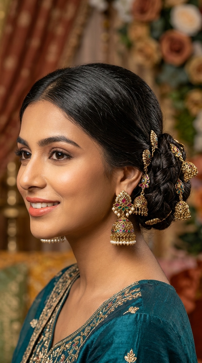 Low Bun with Traditional Jhumka Pins