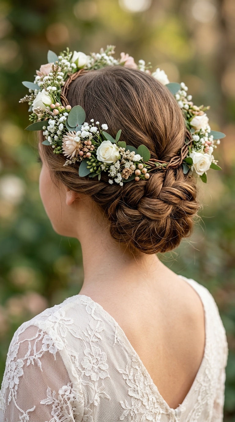 Low Chignon with a Back-Facing Floral Crown