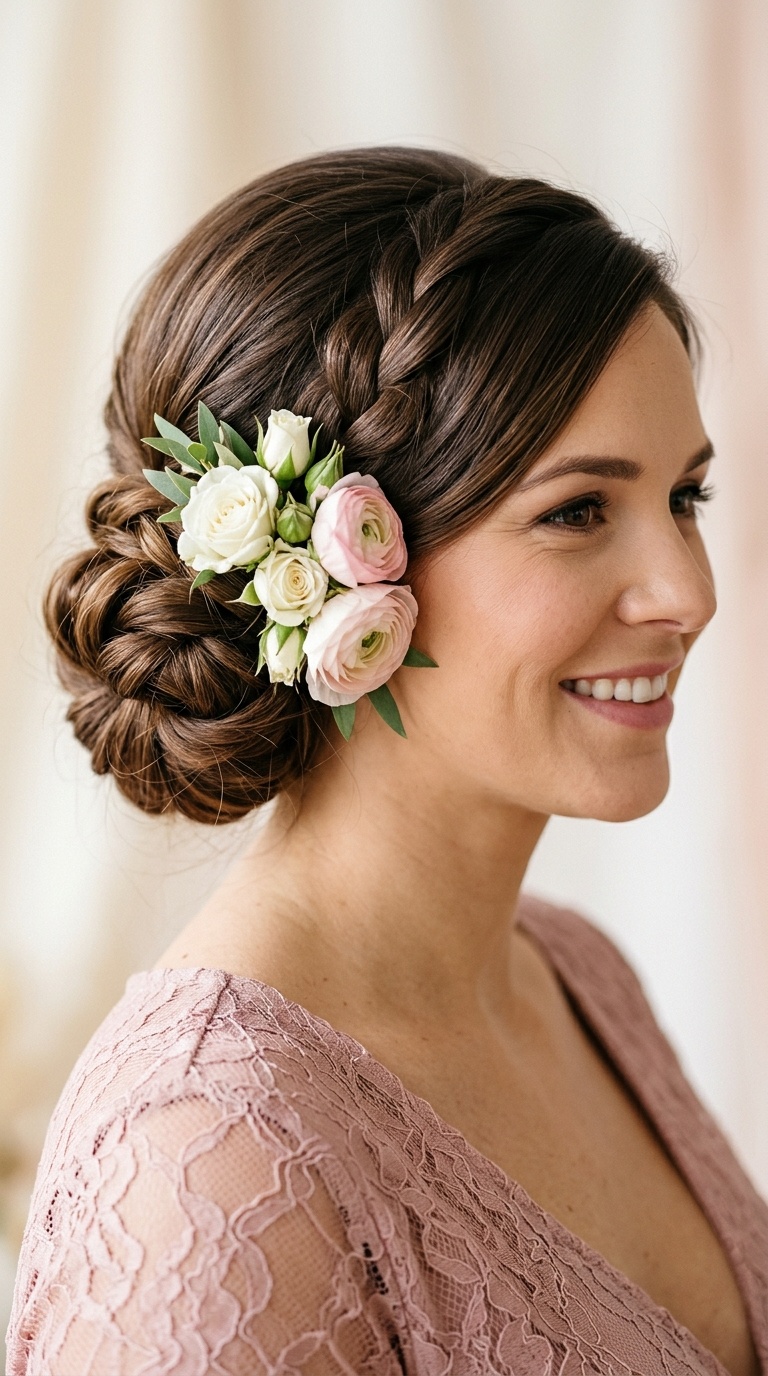 Low Chignon with a Floral Accent