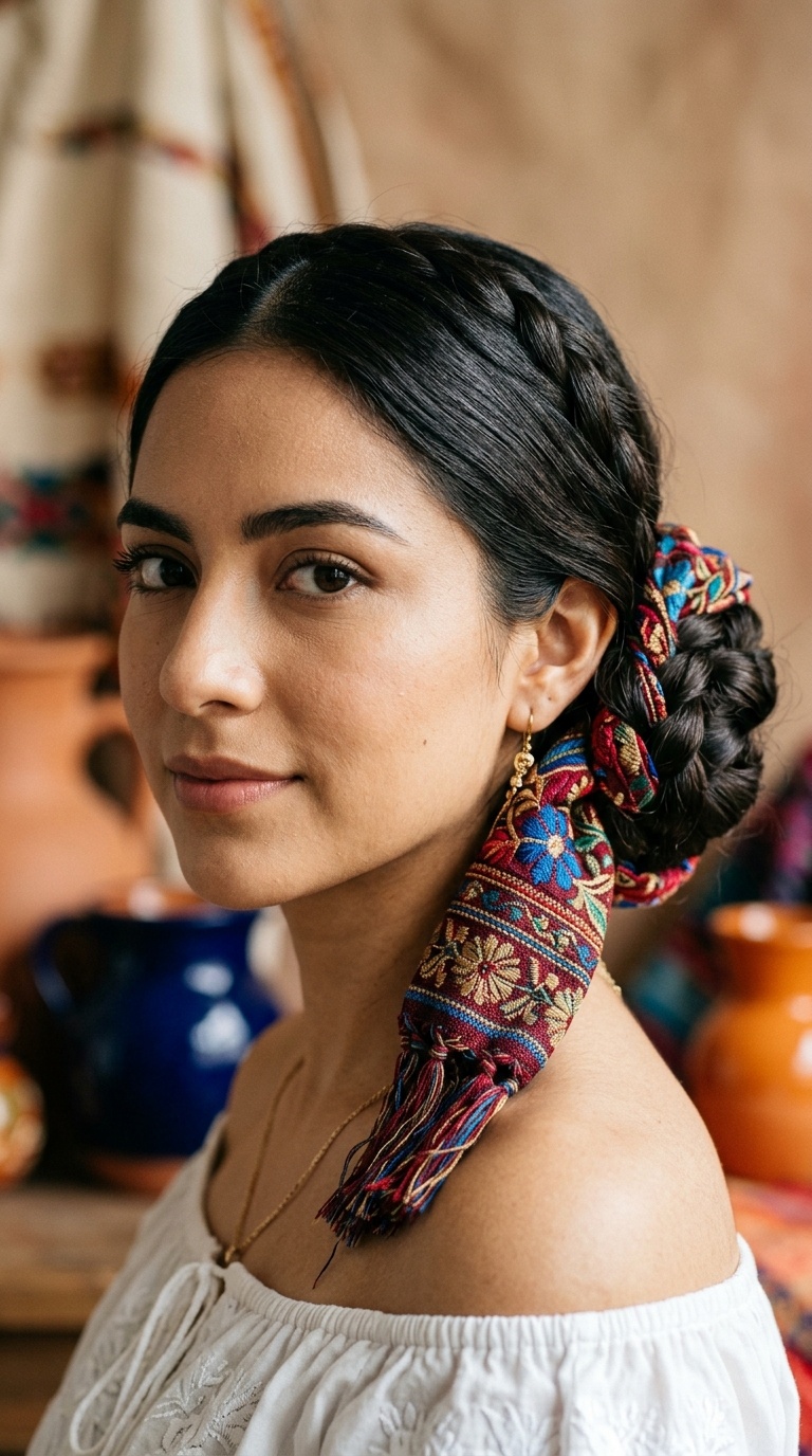 Low Chignon with Embroidered Scarf