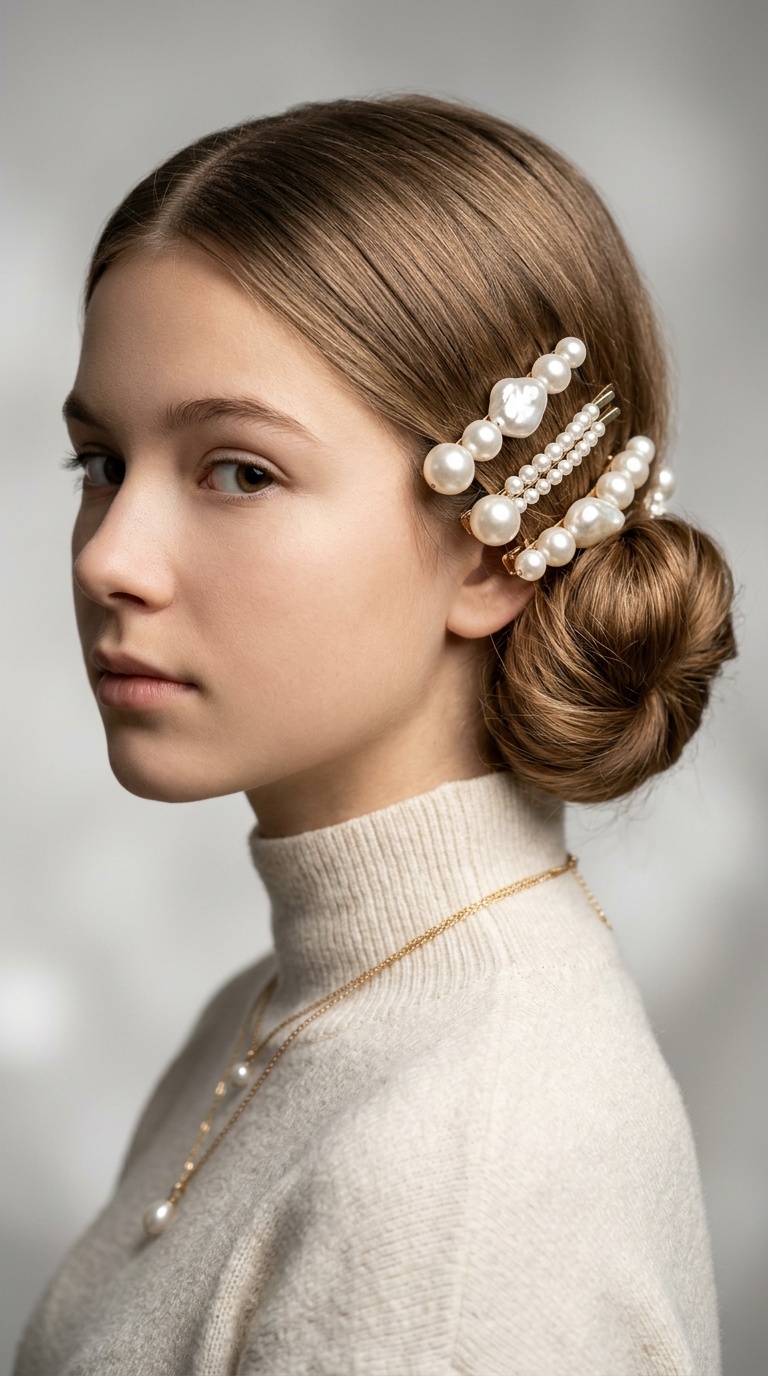 Low Chignon with Oversized Pearl Clips