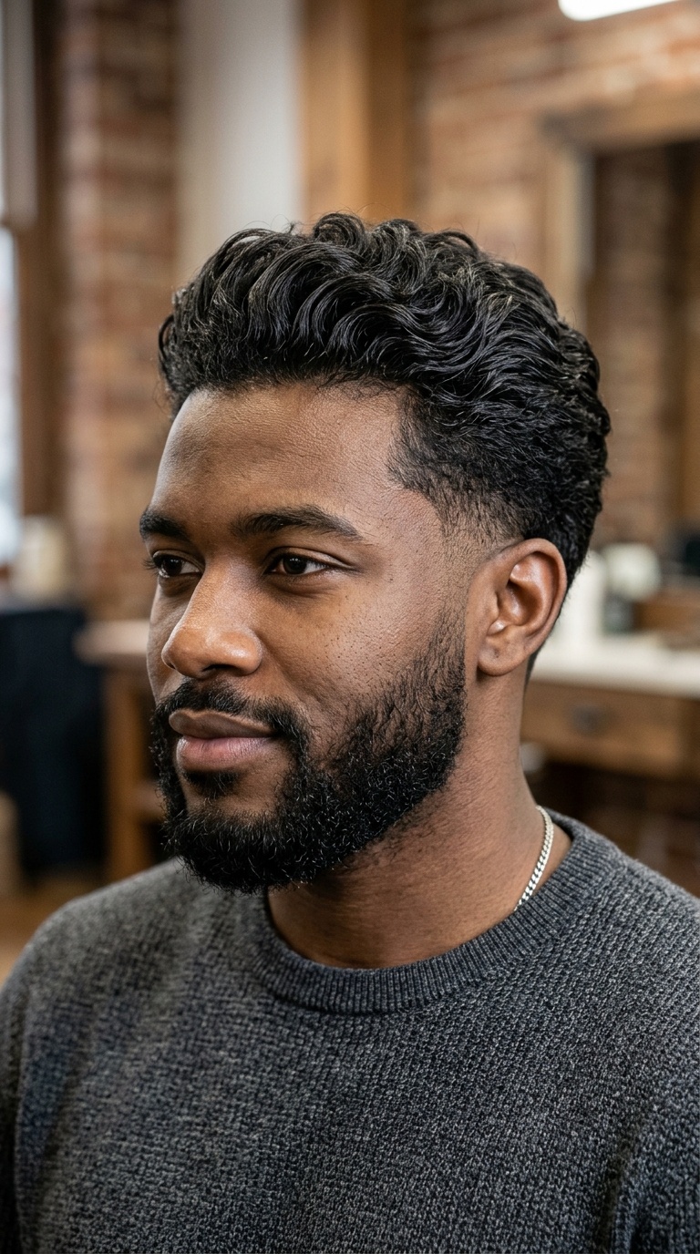 Low Drop Fade with Relaxed Semi-Curly Pompadour