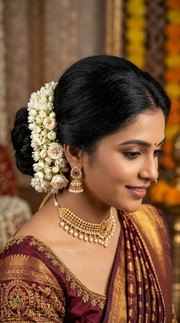 Low Gajara Bun for Festive Elegance