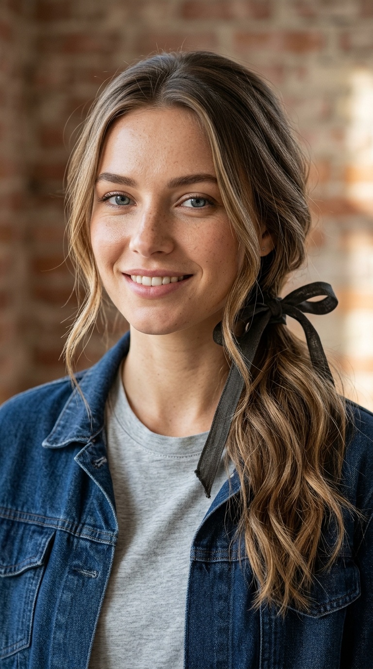 Low Loose Ponytail with a Ribbon