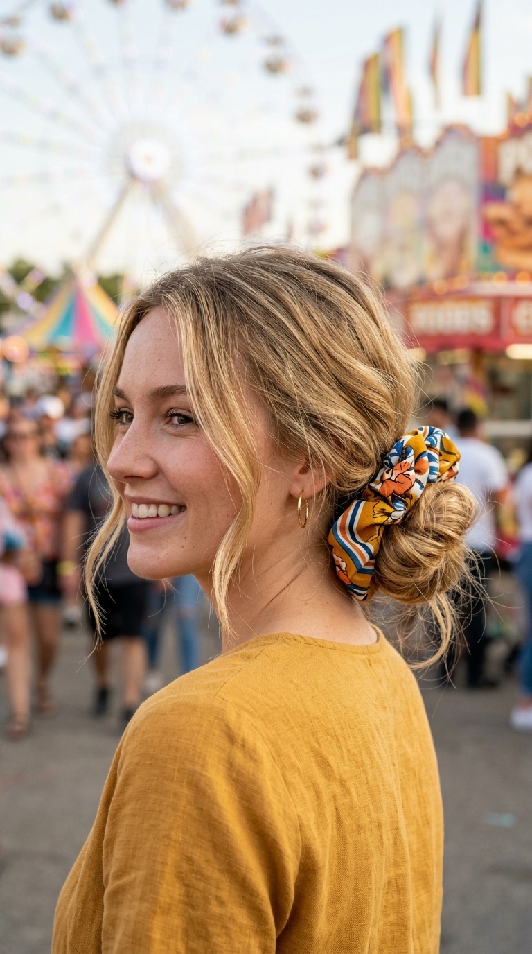 Low Messy Bun with a Bold Scrunchie