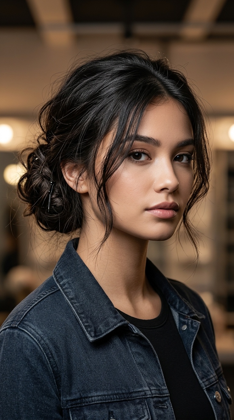 Low Messy Bun with Face-Framing Strands