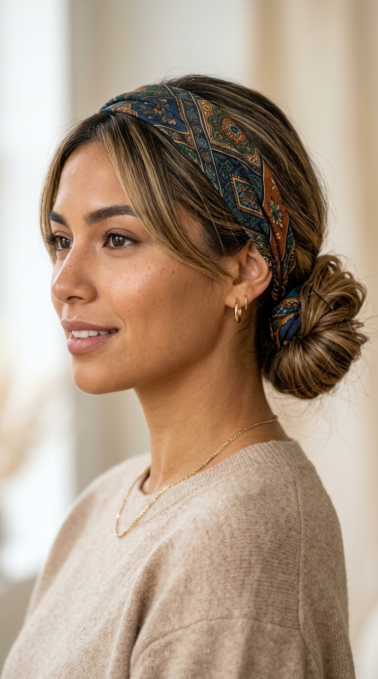 Low Messy Bun with Scarf Band