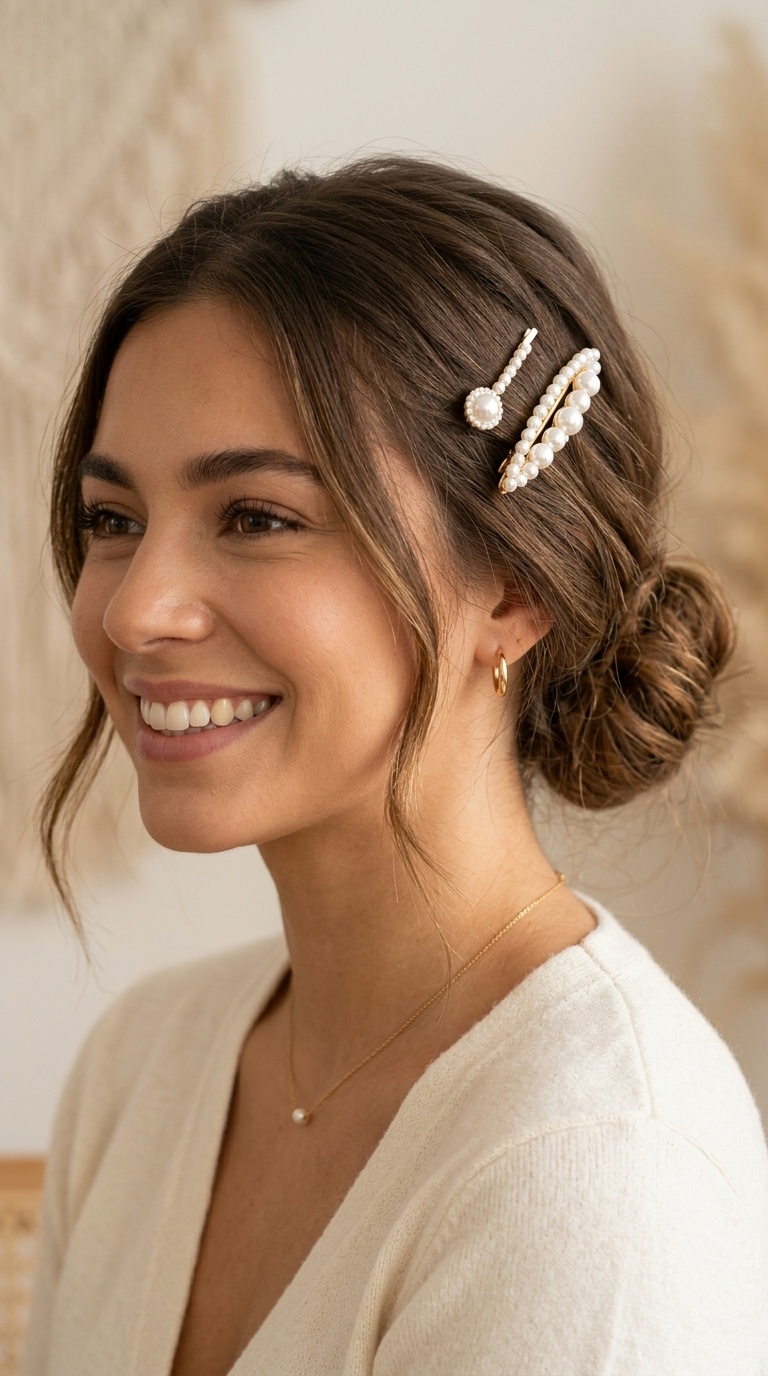 Low Messy Buns with Pearl Barrettes