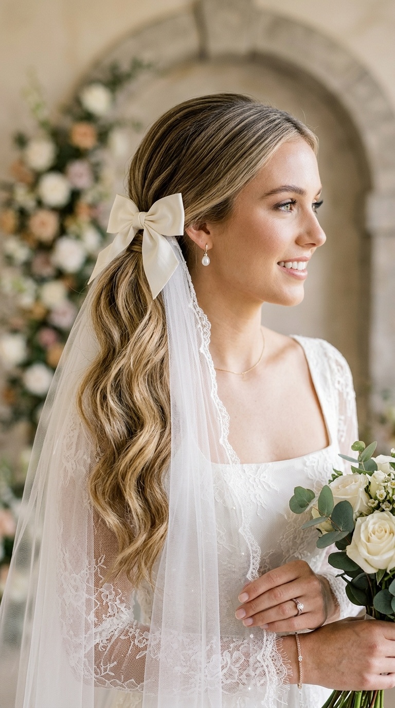 Low Ponytail with Bow and Veil Combo