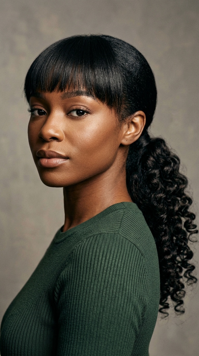 Low Ponytail with Wand Curls and Blunt Bangs
