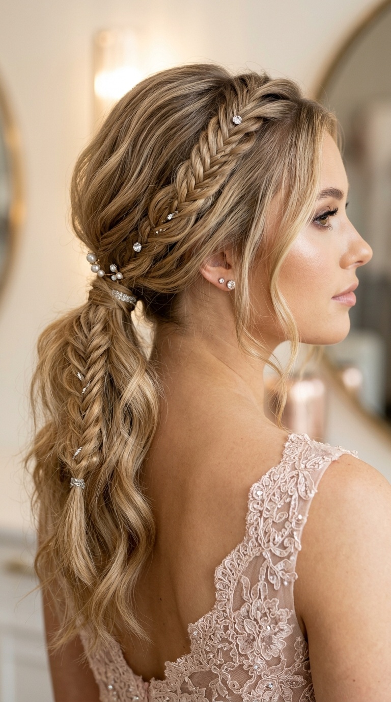 Low Romantic Ponytail with Fishtail Accents