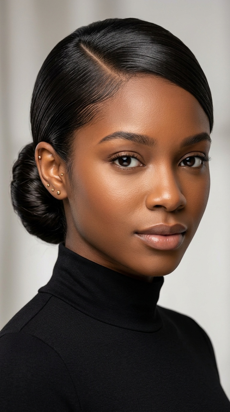 Low Sleek Bun with Deep Side Part