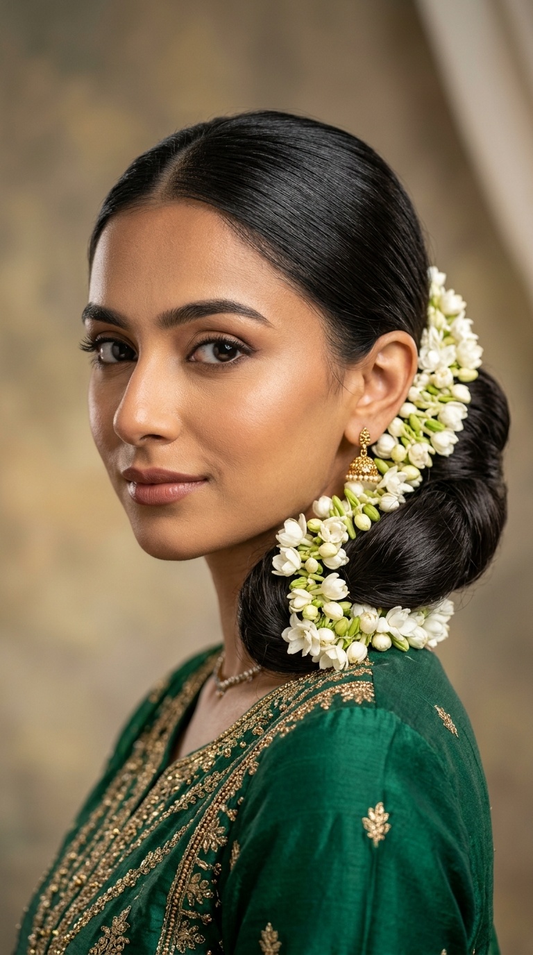 Low Sleek Bun with Fresh Jasmine