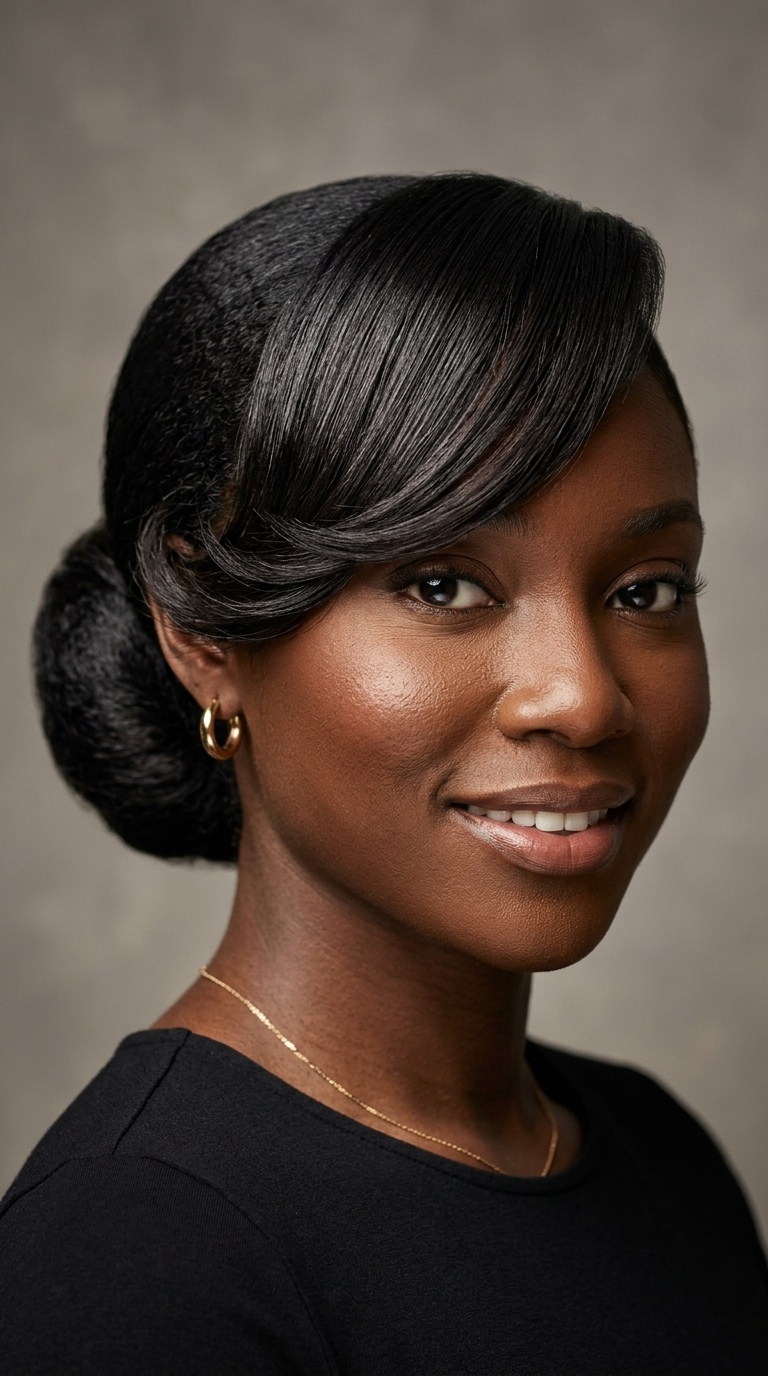 Low Sleek Chignon with Layered Swoop