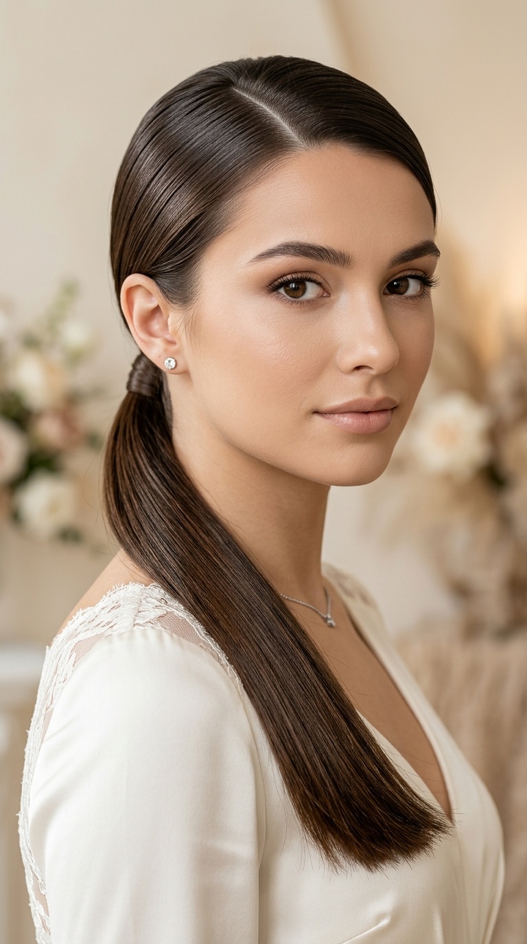 Low Sleek Ponytail with a Deep Side Part