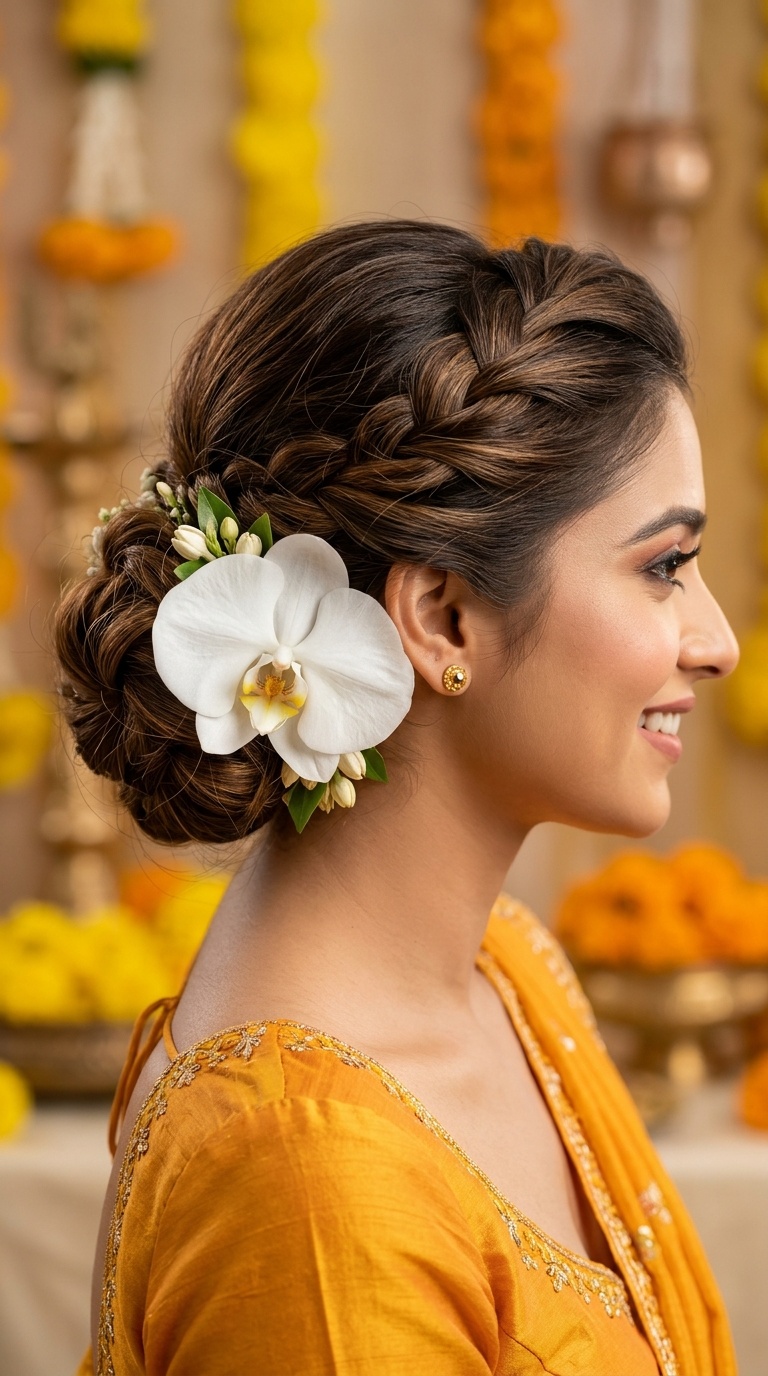 Low Textured Bun with a Statement Orchid