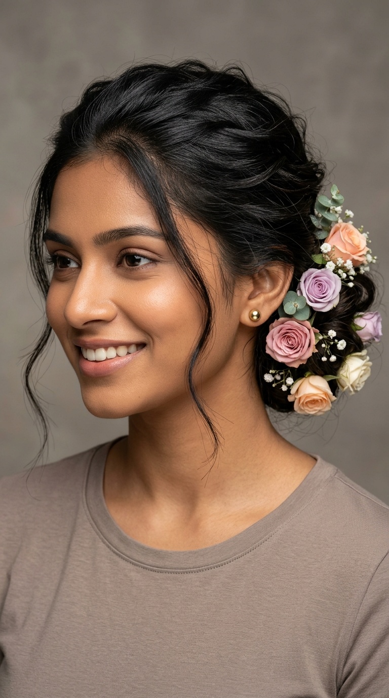 Low Textured Bun with Pastel Roses