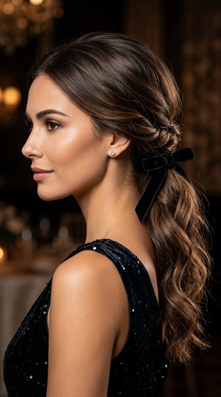 Low Twisted Ponytail with Velvet Ribbon