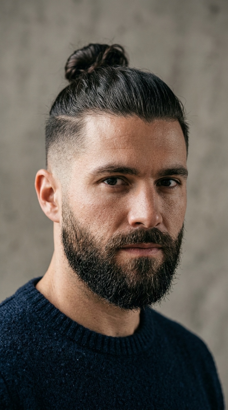 Man Bun with Undercut Fade and Full Beard