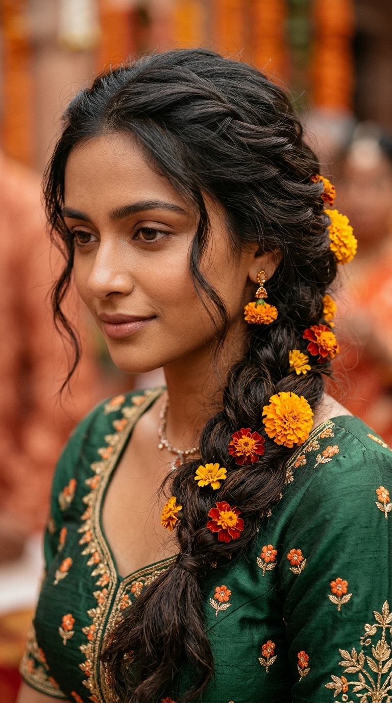 Messy Braid with Marigolds