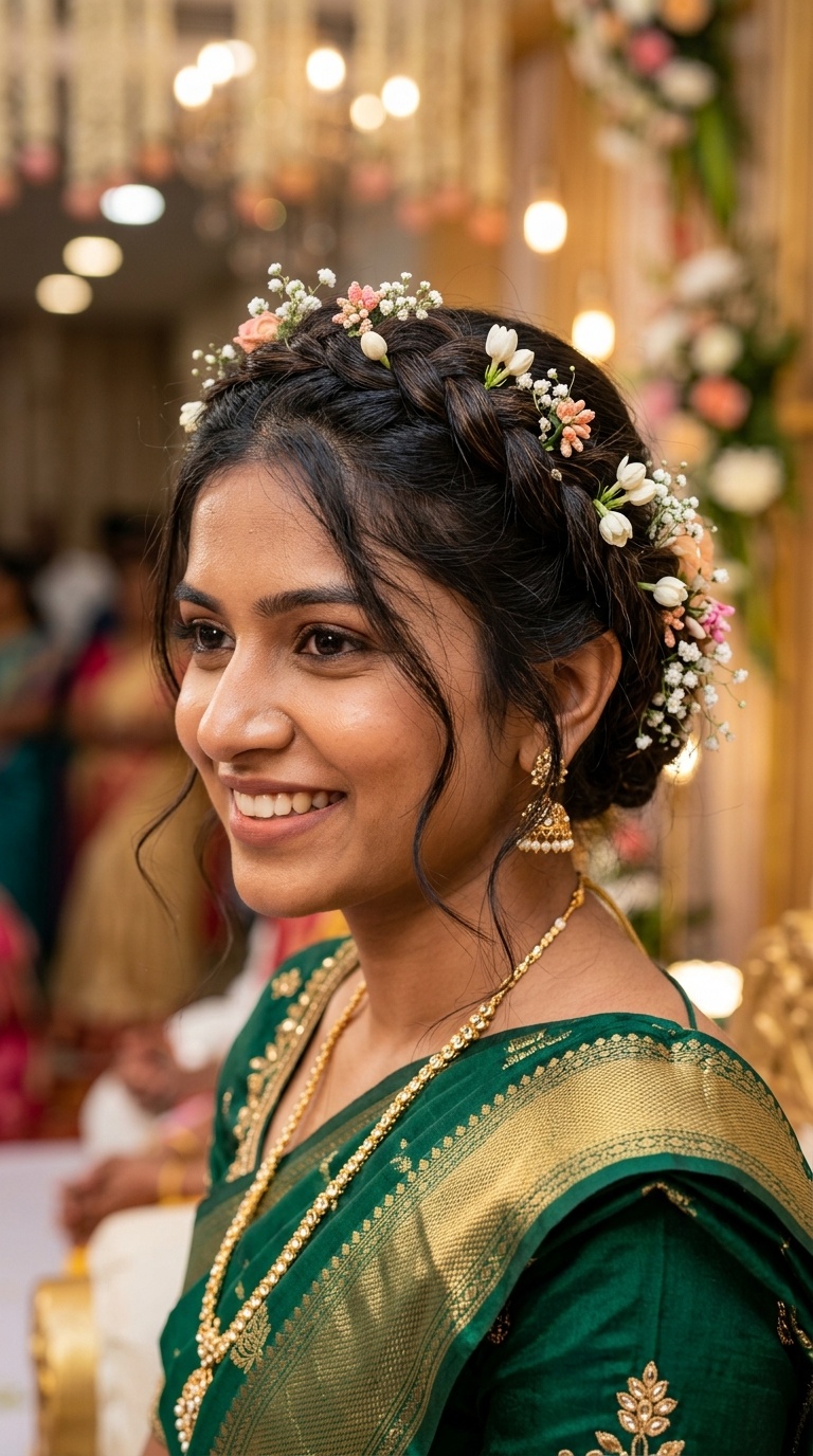 Messy Braided Crown with Floral Sprigs