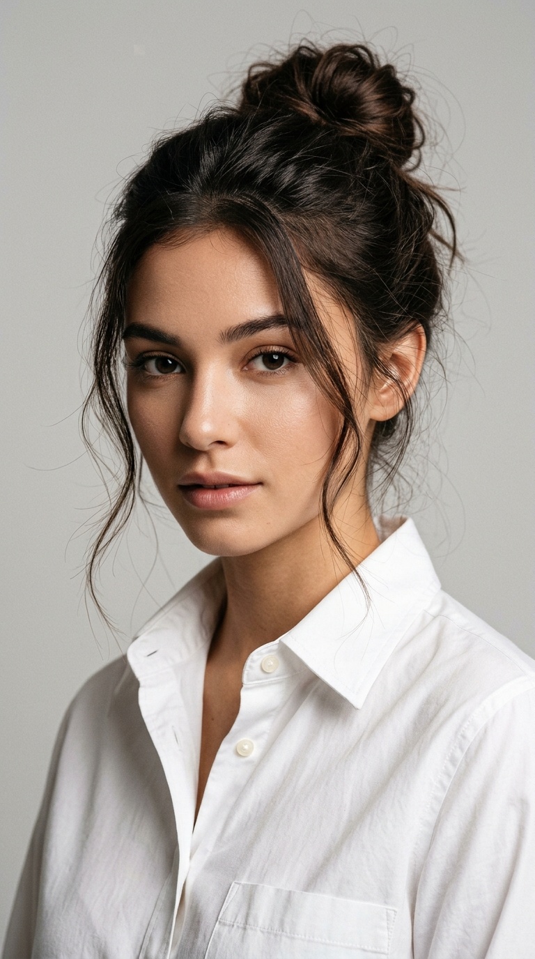 Messy Bun with Face-Framing Tendrils