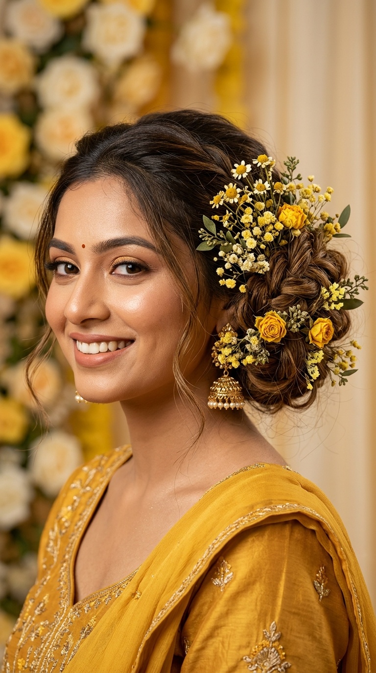 Messy Chignon with Dried Yellow Wildflowers