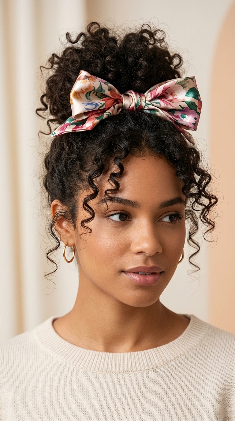 Messy Curly Bun with a Satin Scarf Bow
