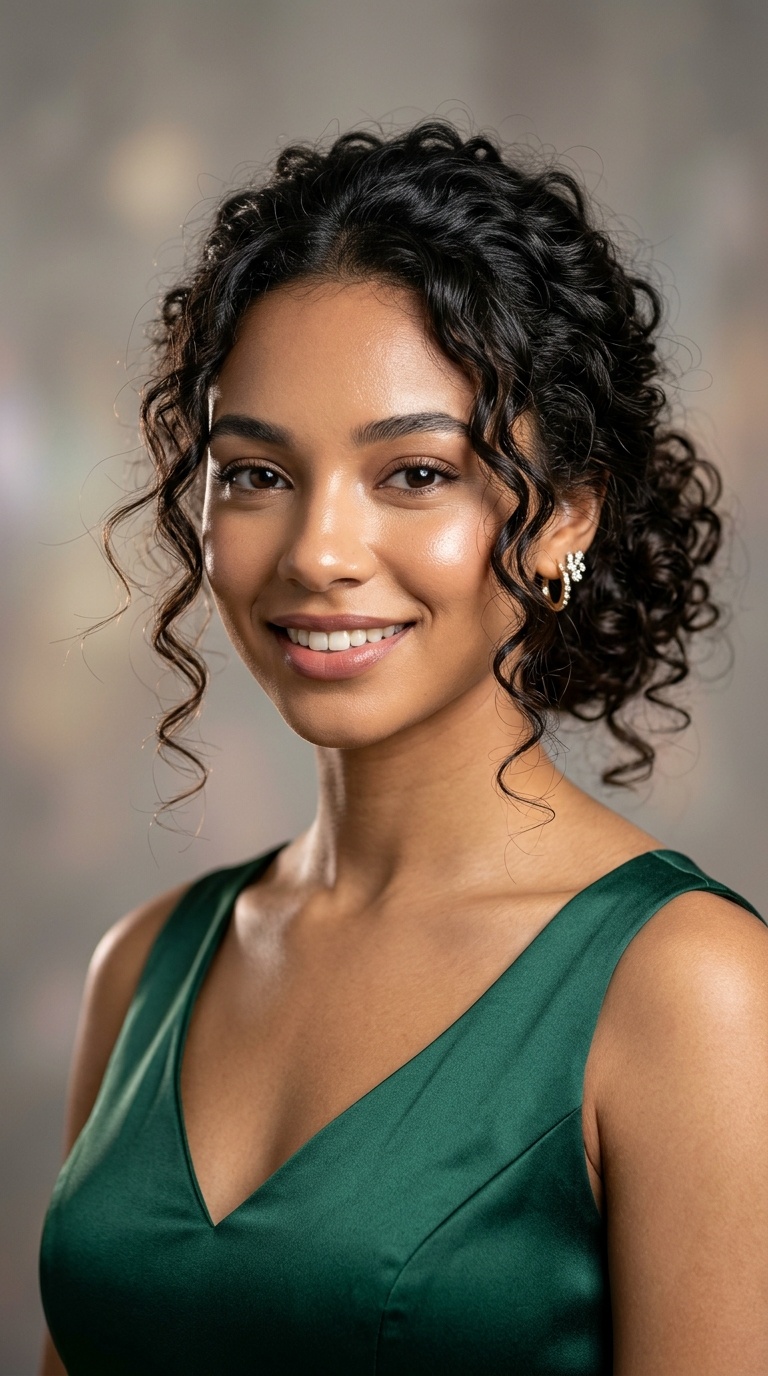 Messy Curly Bun with Face-Framing Tendrils