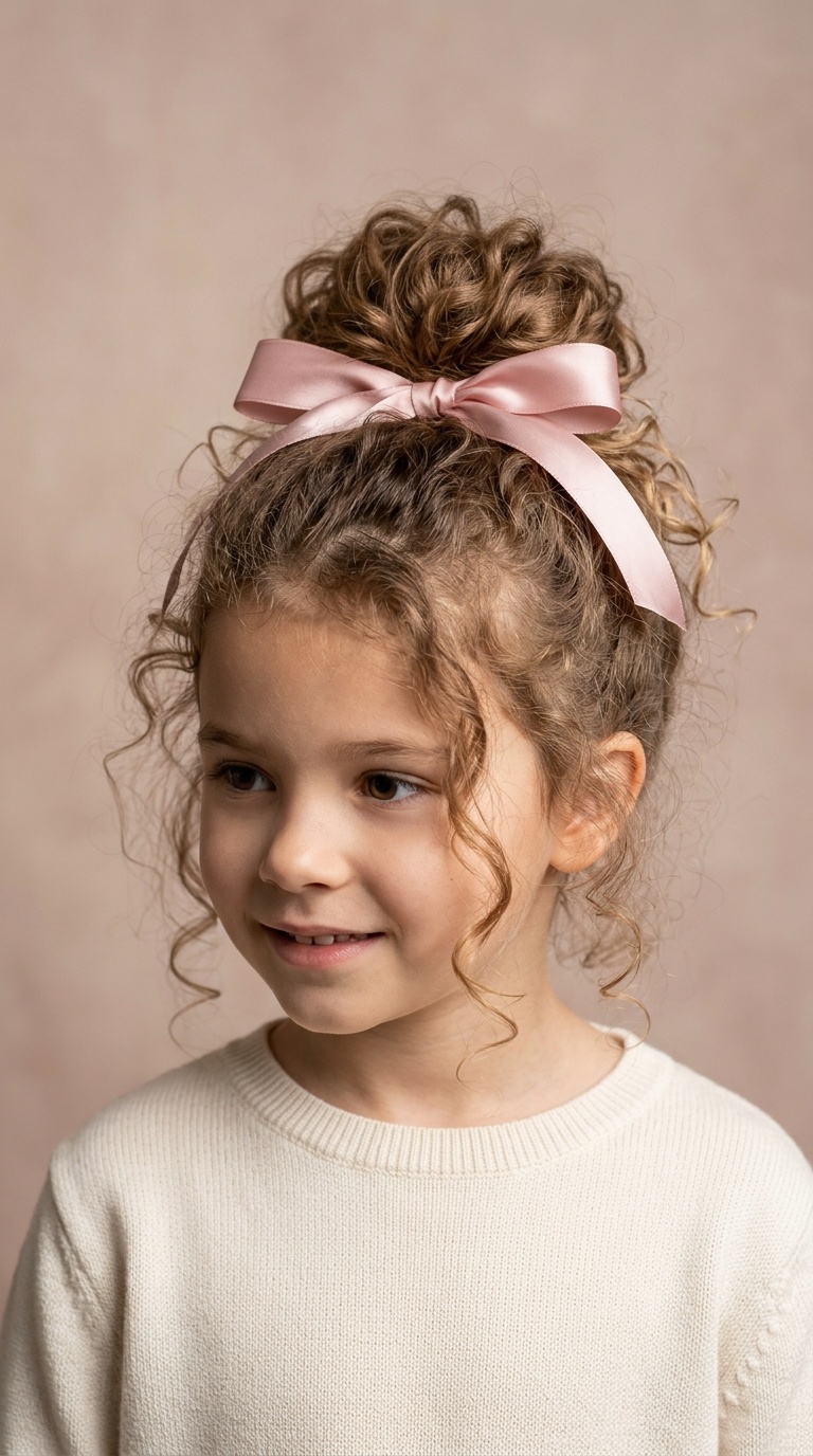 Messy Curly Bun with Ribbon Bow