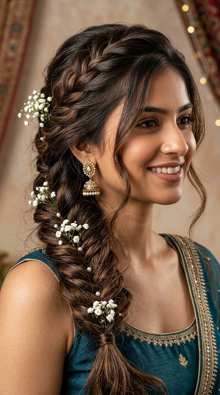 Messy Fishtail Braid with Baby’s Breath