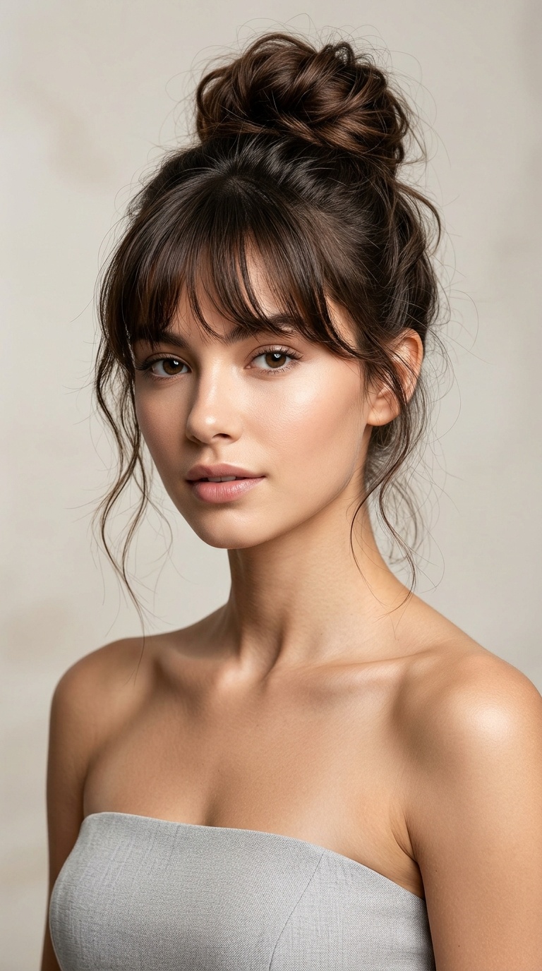 Messy High Bun with Bangs