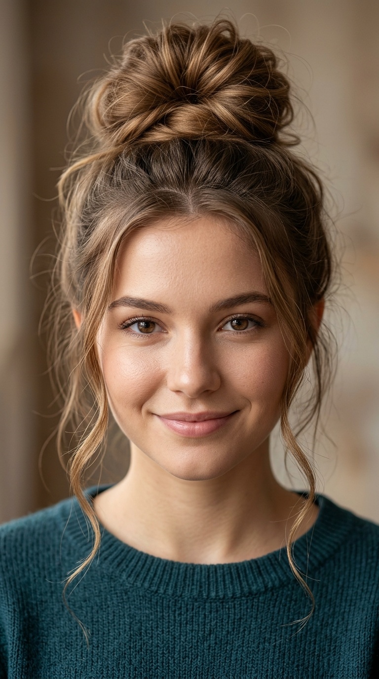 Messy High Bun with Face-Framing Tendrils