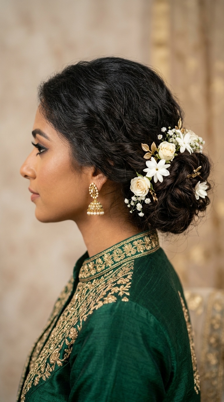 Messy Low Bun with Floral Accents