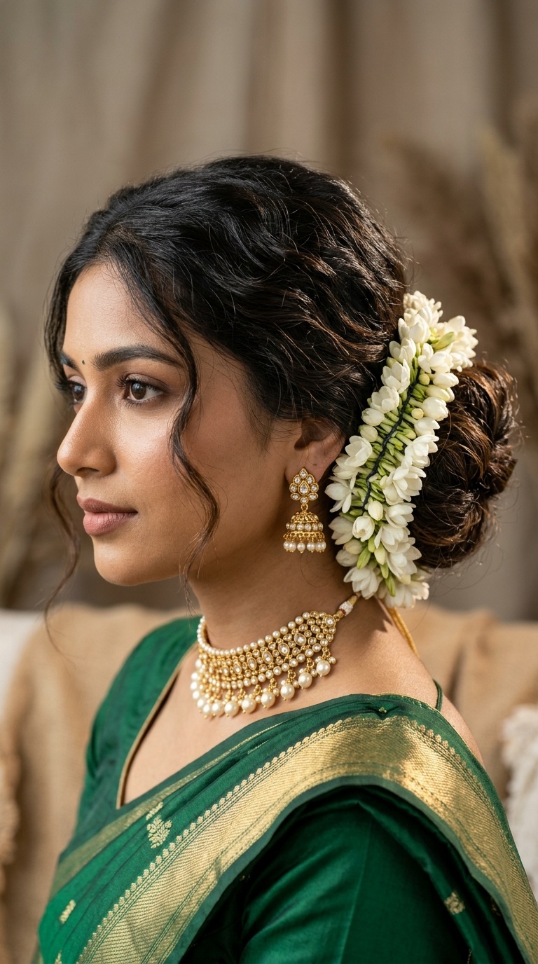 Messy Low Bun with Full Gajra Wrap