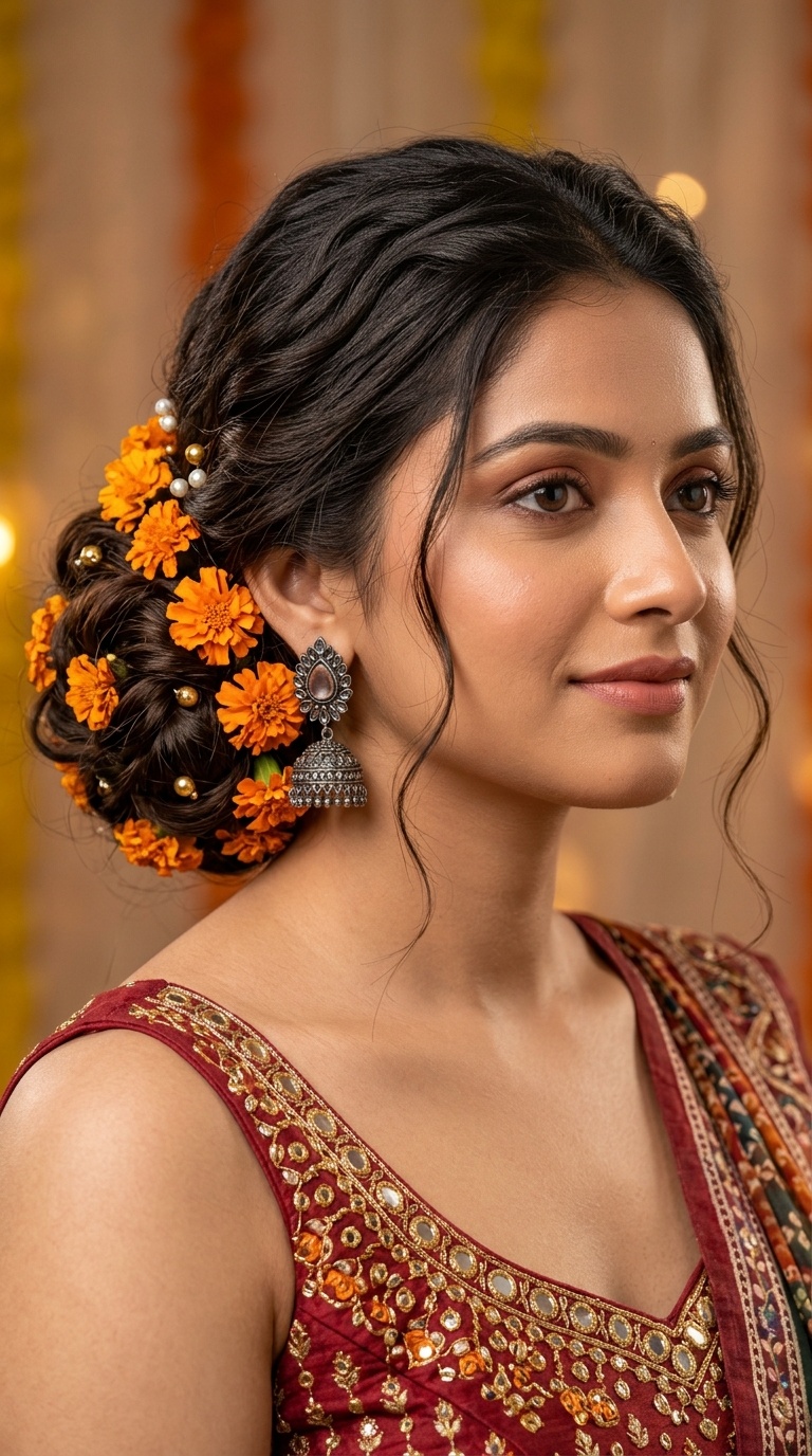Messy Low Bun with Gajari Flowers