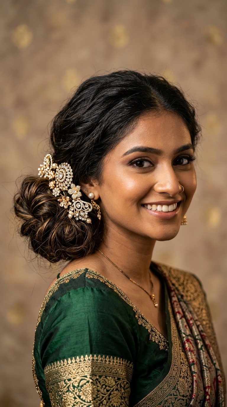 Messy Low Bun with Jeweled Pins