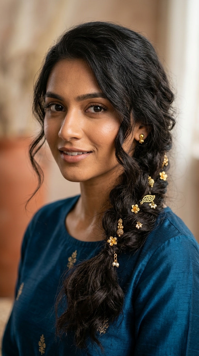 Messy Side Braid with Gold Accessories